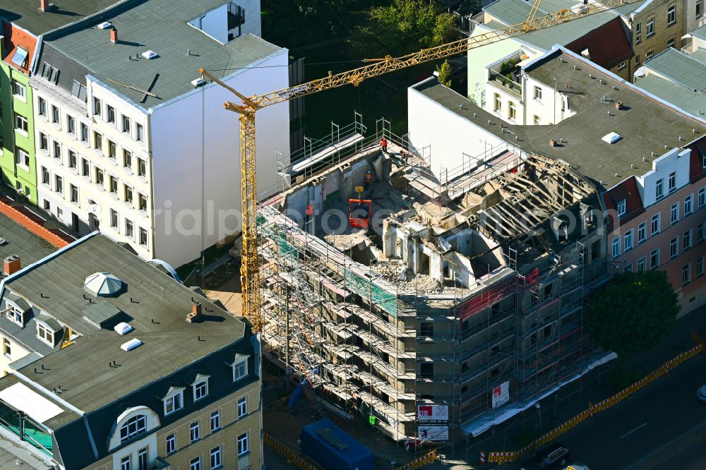 Aerial photograph Halle (Saale) - Construction site for reconstruction and modernization and renovation of a building Volkmannstrasse corner Krukenbergstrasse in Halle (Saale) in the state Saxony-Anhalt, Germany