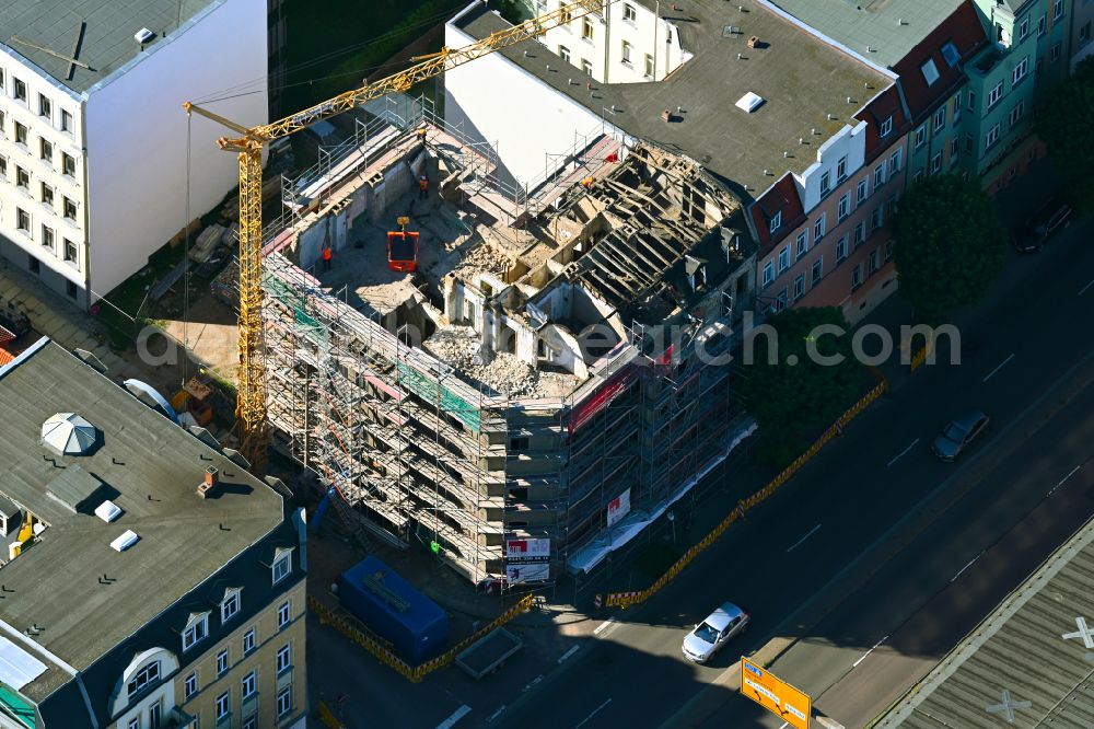 Halle (Saale) from above - Construction site for reconstruction and modernization and renovation of a building Volkmannstrasse corner Krukenbergstrasse in Halle (Saale) in the state Saxony-Anhalt, Germany