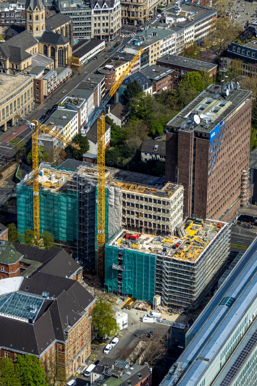 Köln from above - Construction site for reconstruction and modernization and renovation of a building WDR-Filmhaus in the district Altstadt in Cologne in the state North Rhine-Westphalia, Germany