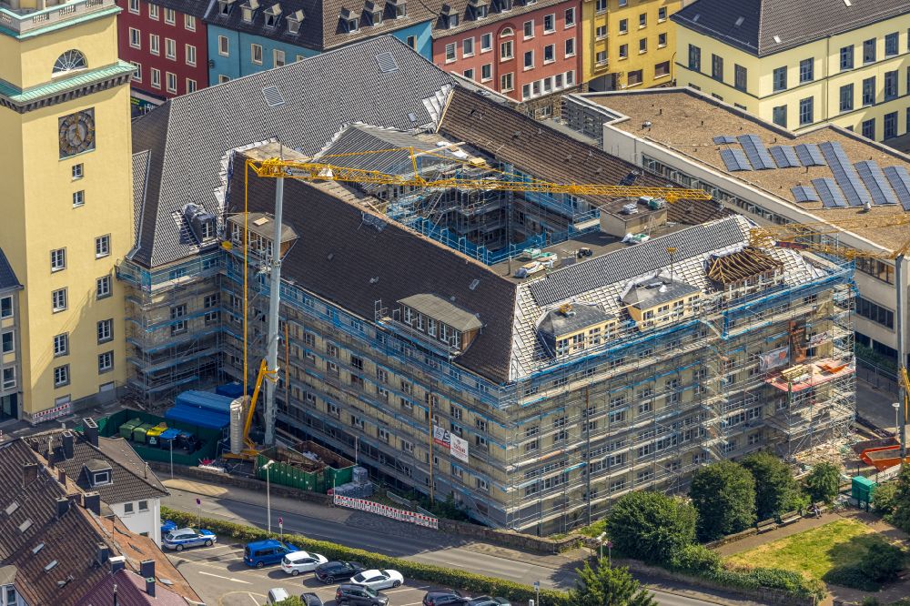 Witten from above - Conversion, modernization and renovation work on the high-rise building of the town hall of the city administration on street Hauptstrasse in Witten at Ruhrgebiet in the state North Rhine-Westphalia, Germany