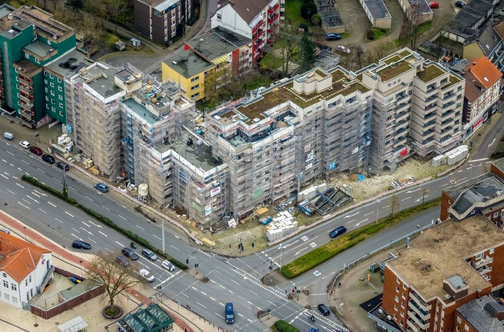 Aerial image Herne - Construction site for the renovation and modernization of the high-rise buildings in the residential area Bochumer Strasse corner Sodinger Strasse in Herne at Ruhrgebiet in the state North Rhine-Westphalia, Germany