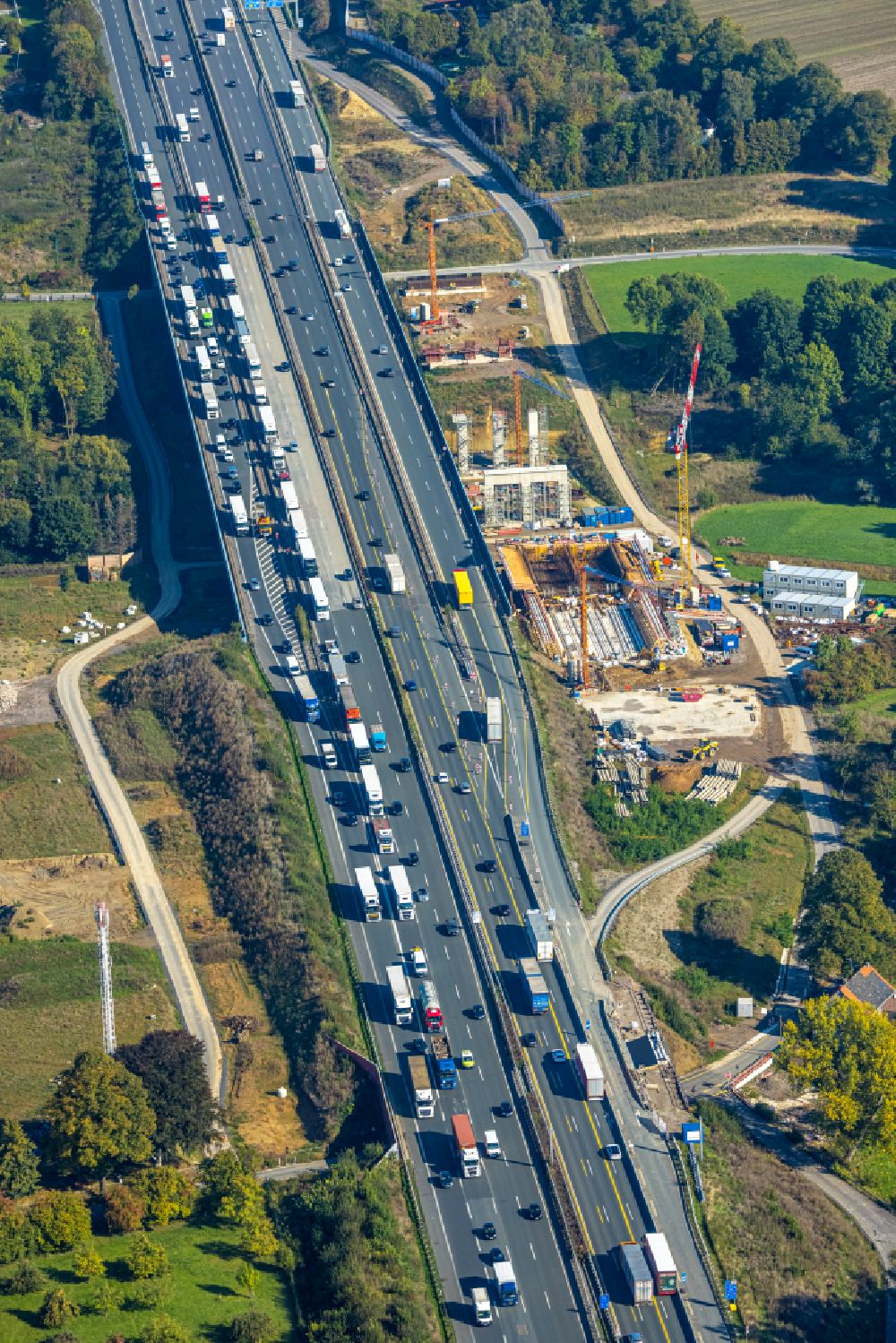 Aerial image Unna - Construction site for the rehabilitation and repair of the motorway bridge construction Liedbachtalbruecke of BAB A1 in the district Massener Heide in Unna at Ruhrgebiet in the state North Rhine-Westphalia, Germany