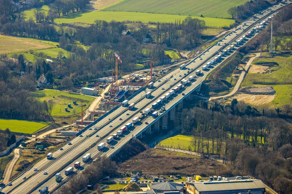 Aerial image Unna - Construction site for the rehabilitation and repair of the motorway bridge construction Liedbachtalbruecke of BAB A1 in the district Massener Heide in Unna at Ruhrgebiet in the state North Rhine-Westphalia, Germany