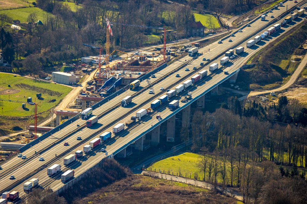 Unna from above - Construction site for the rehabilitation and repair of the motorway bridge construction Liedbachtalbruecke of BAB A1 in the district Massener Heide in Unna at Ruhrgebiet in the state North Rhine-Westphalia, Germany