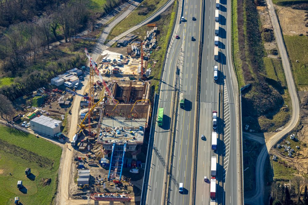Aerial photograph Unna - Construction site for the rehabilitation and repair of the motorway bridge construction Liedbachtalbruecke of BAB A1 in the district Massener Heide in Unna at Ruhrgebiet in the state North Rhine-Westphalia, Germany