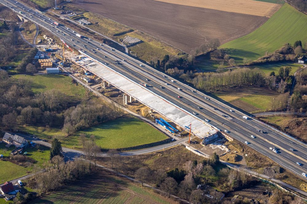 Aerial photograph Unna - Construction site for the rehabilitation and repair of the motorway bridge construction Liedbachtalbruecke of BAB A1 in the district Massener Heide in Unna at Ruhrgebiet in the state North Rhine-Westphalia, Germany