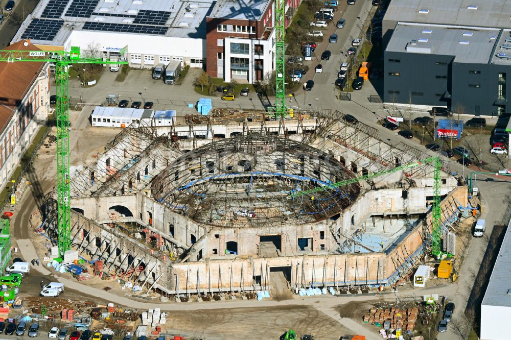 Potsdam from above - Construction site for reconstruction and modernization and renovation of a building of Rundschuppens and the alten Lokhalle in the district Babelsberg in Potsdam in the state Brandenburg, Germany