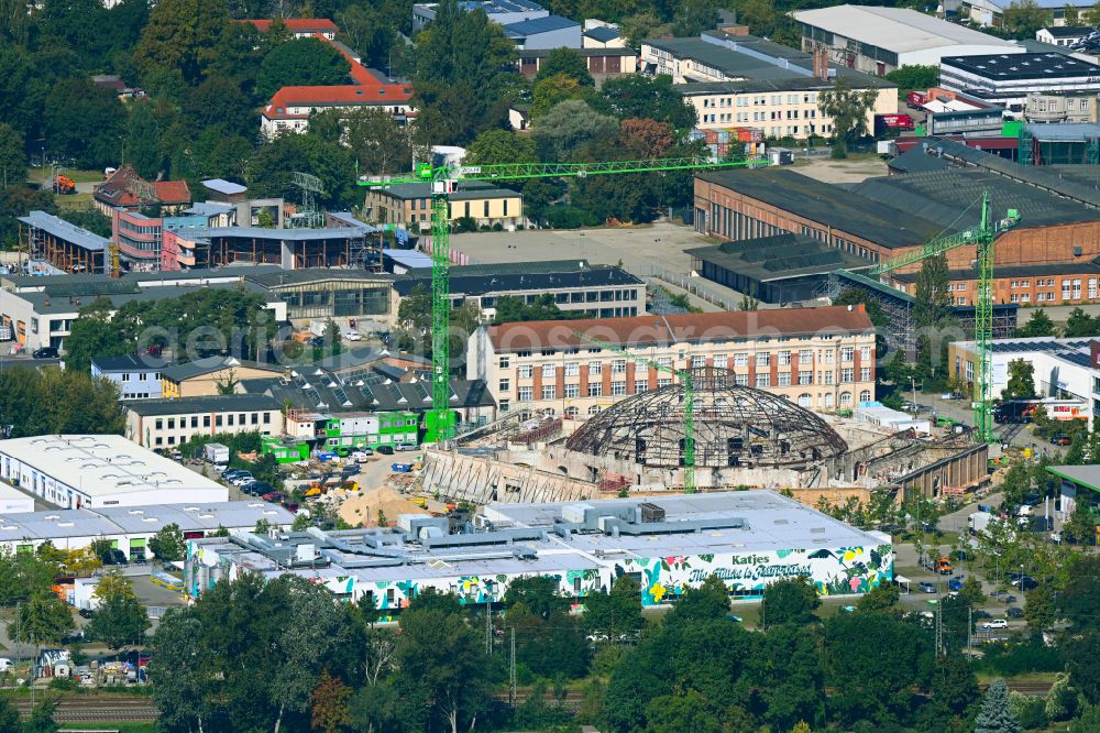 Potsdam from the bird's eye view: Construction site for reconstruction and modernization and renovation of a building of Rundschuppens and the alten Lokhalle in the district Babelsberg in Potsdam in the state Brandenburg, Germany