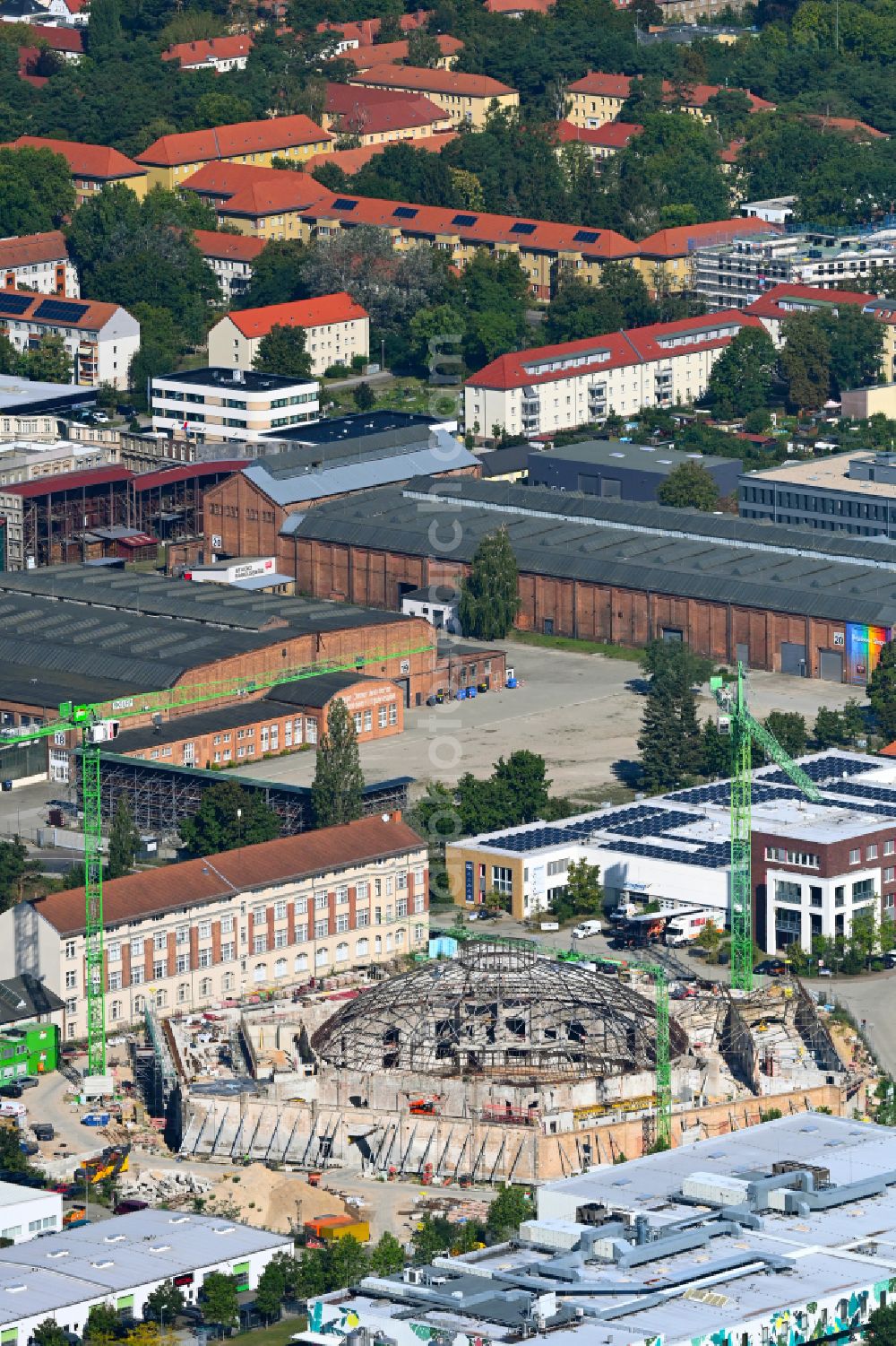 Aerial photograph Potsdam - Construction site for reconstruction and modernization and renovation of a building of Rundschuppens and the alten Lokhalle in the district Babelsberg in Potsdam in the state Brandenburg, Germany