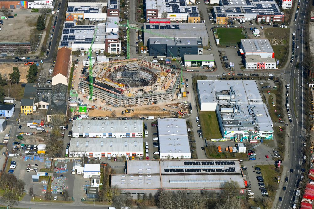 Aerial image Potsdam - Construction site for reconstruction and modernization and renovation of a building of Rundschuppens and the alten Lokhalle in the district Babelsberg in Potsdam in the state Brandenburg, Germany
