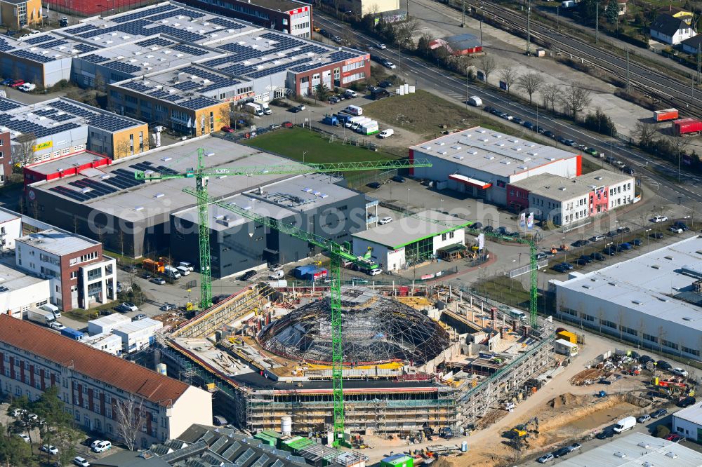 Potsdam from above - Construction site for reconstruction and modernization and renovation of a building of Rundschuppens and the alten Lokhalle in the district Babelsberg in Potsdam in the state Brandenburg, Germany