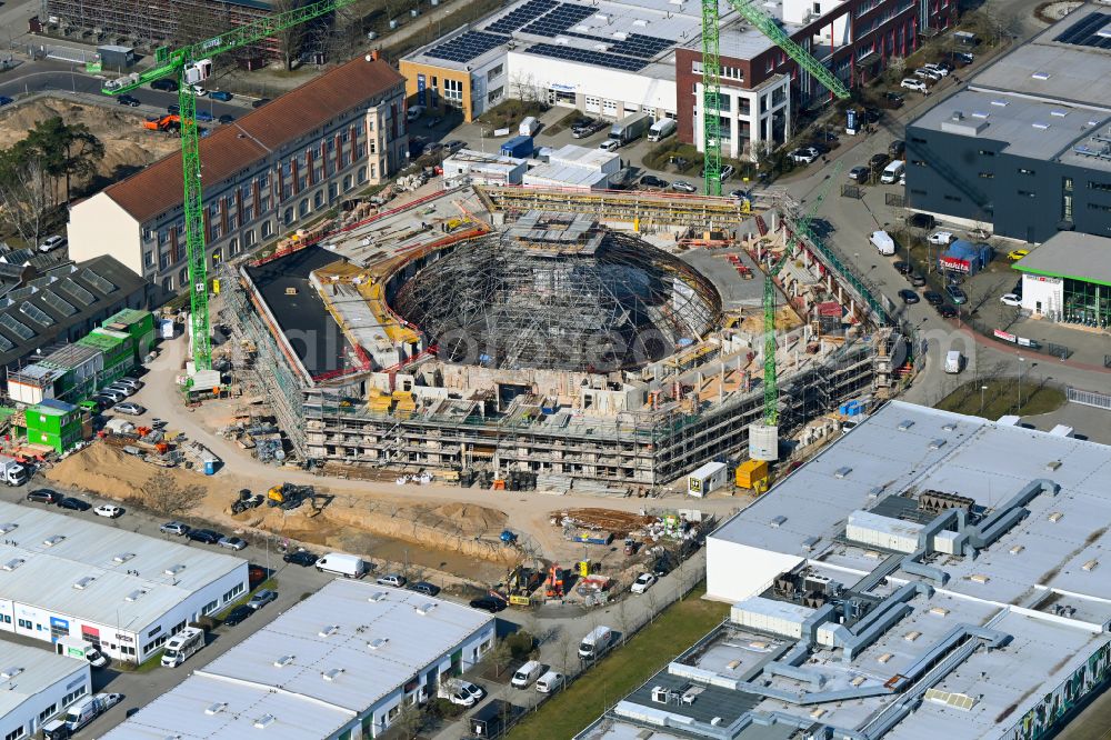 Potsdam from the bird's eye view: Construction site for reconstruction and modernization and renovation of a building of Rundschuppens and the alten Lokhalle in the district Babelsberg in Potsdam in the state Brandenburg, Germany