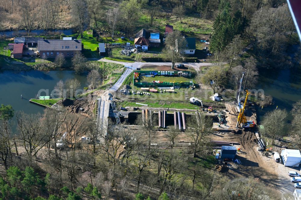 Marienwerder from above - Renovation of the barrage of the lock systems Grafenbrueck lock on the Finow canal in Marienwerder in the state Brandenburg, Germany