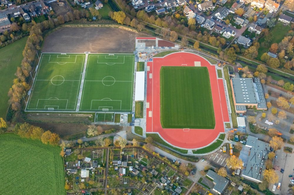 Dinslaken from the bird's eye view: Construction site ensemble of sports grounds in Dinslaken in the state North Rhine-Westphalia