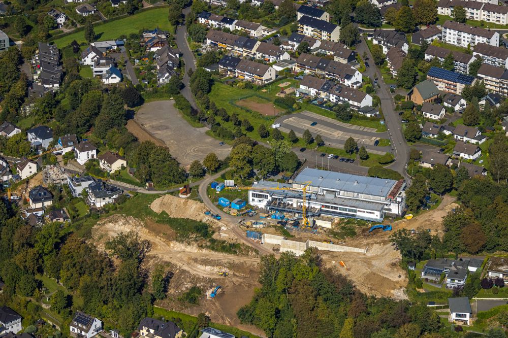 Hansestadt Attendorn from the bird's eye view: Renovation of the building of the indoor arena and Stadthalle on street Am Himmelsberg - Buergerpark in Hansestadt Attendorn in the state North Rhine-Westphalia, Germany