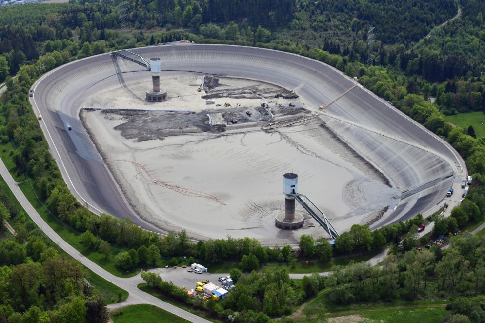 Aerial image Bad Säckingen - High storage reservoir Eggbergbecken in the district Egg of the village Rickenbach in the state Baden-Wurttemberg, Germany is rehabbed and cleaned. Situated on the high plateau of the Hotzenwald above the Upper Rhine valley near Bad Saeckingen