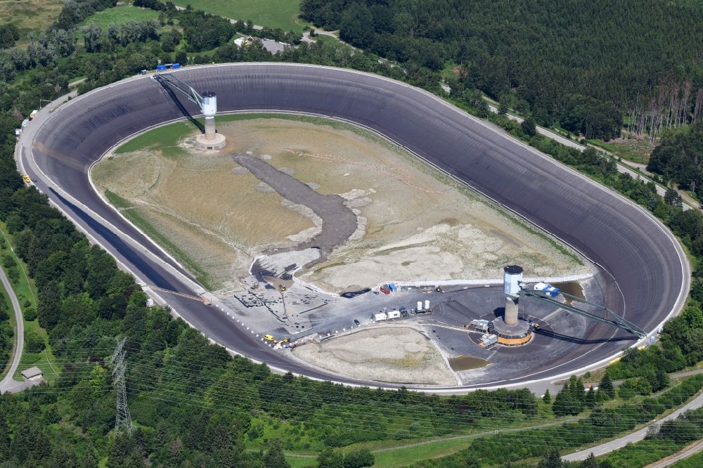 Aerial image Rickenbach - High storage reservoir Eggbergbecken in the district Egg of the village Rickenbach in the state Baden-Wurttemberg, Germany is rehabbed and cleaned. Situated on the high plateau of the Hotzenwald above the Upper Rhine valley near Bad Saeckingen