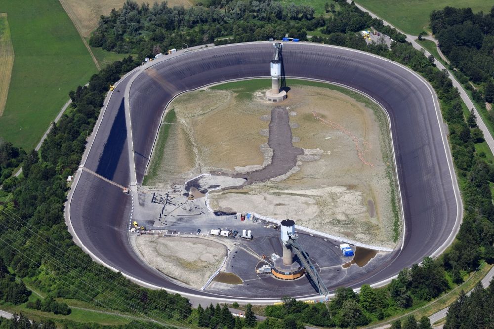 Rickenbach from above - High storage reservoir Eggbergbecken in the district Egg of the village Rickenbach in the state Baden-Wurttemberg, Germany is rehabbed and cleaned. Situated on the high plateau of the Hotzenwald above the Upper Rhine valley near Bad Saeckingen