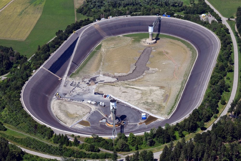 Rickenbach from the bird's eye view: High storage reservoir Eggbergbecken in the district Egg of the village Rickenbach in the state Baden-Wurttemberg, Germany is rehabbed and cleaned. Situated on the high plateau of the Hotzenwald above the Upper Rhine valley near Bad Saeckingen