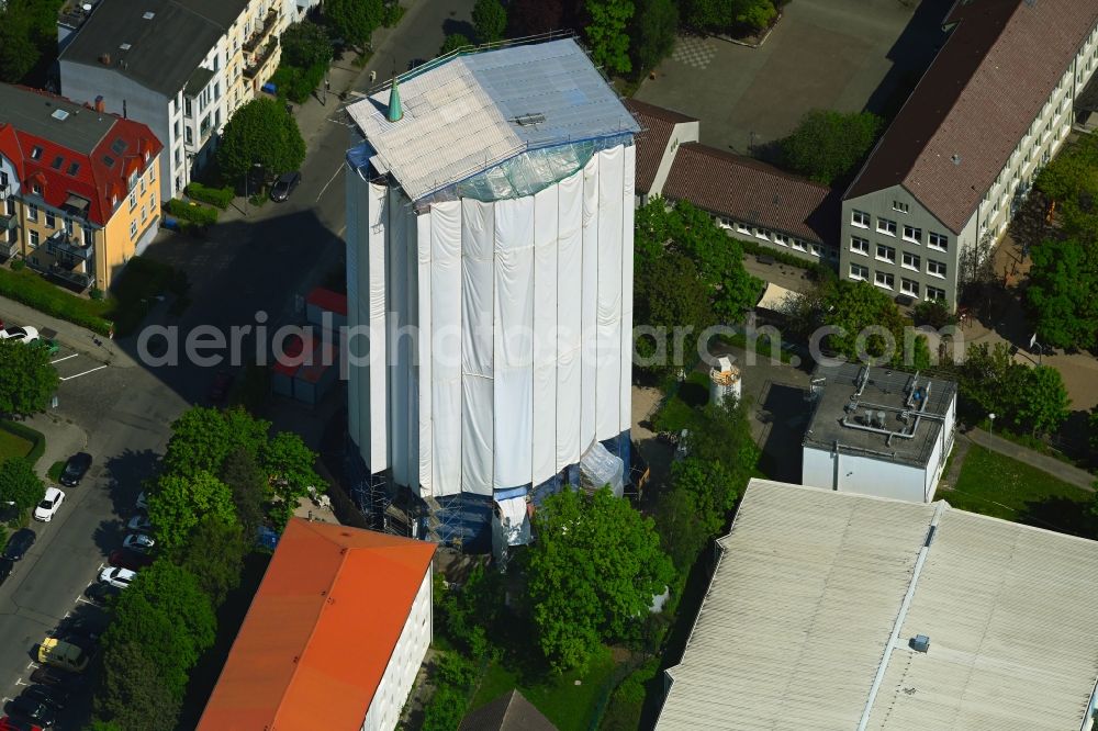 Aerial image Rostock - Construction site Tourist attraction of the historic monument of Wasserturm on Bluecherstrasse in Rostock in the state Mecklenburg - Western Pomerania, Germany