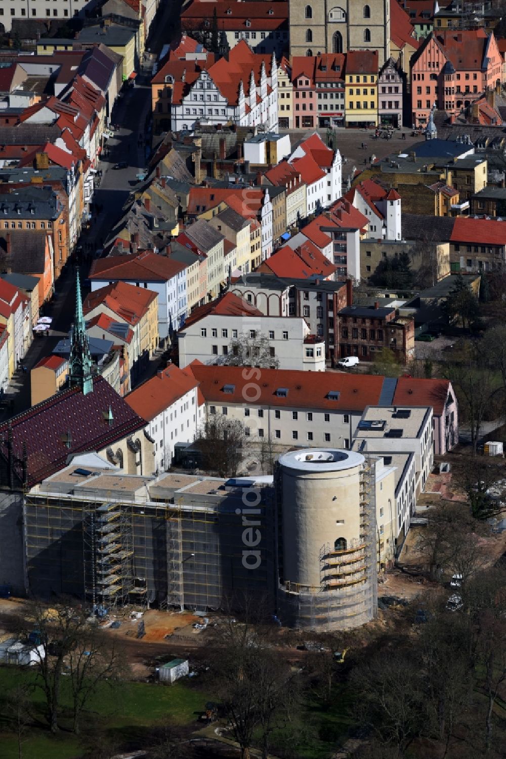 Lutherstadt Wittenberg from the bird's eye view: Castle church of Wittenberg. The castle with its 88 m high Gothic tower at the west end of the town is a UNESCO World Heritage Site. It gained fame as the Wittenberg Augustinian monk and theology professor Martin Luther spread his disputation