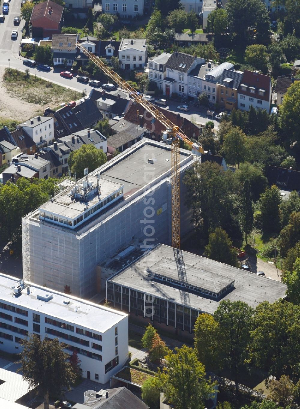 Aerial image Lübeck - Construction site for the rehabilitation of the District Court Luebeck Am Burgfeld in Luebeck in the state of Schleswig-Holstein, Germany