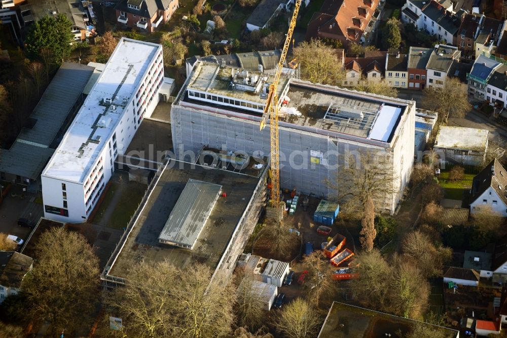 Lübeck from above - Construction site for the rehabilitation of the District Court Luebeck Am Burgfeld in Luebeck in the state of Schleswig-Holstein, Germany