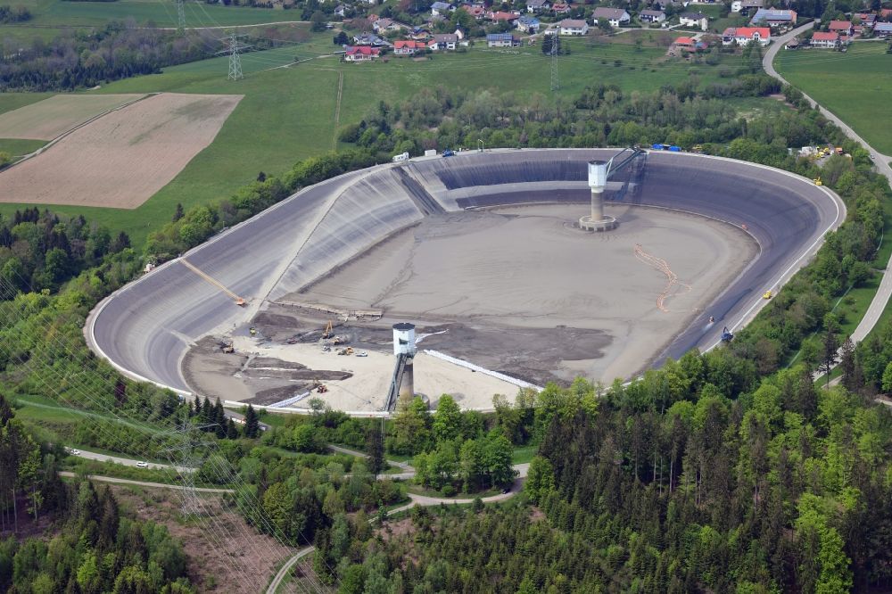 Rickenbach from above - High storage reservoir Eggbergbecken in the district Egg of the village Rickenbach in the state Baden-Wurttemberg, Germany is rehabbed and cleaned. Situated on the high plateau of the Hotzenwald in the Black Forest