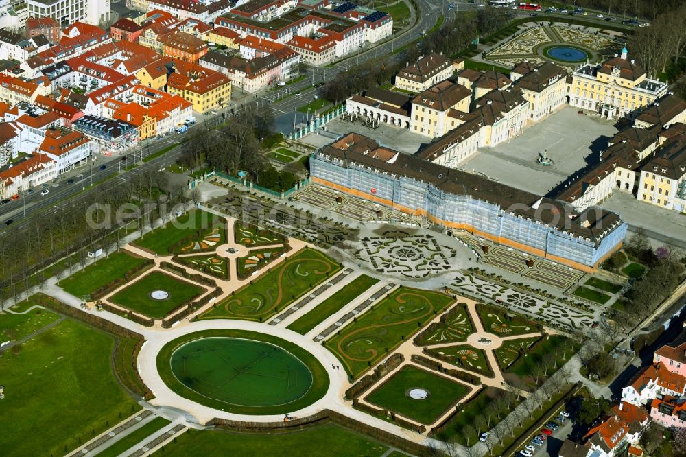 Aerial image Ludwigsburg - Refurbishment work on the building complex in the park of the castle Residenzschloss Ludwigsburg and Gartenschau Bluehendes Barock in Ludwigsburg in the state Baden-Wurttemberg, Germany