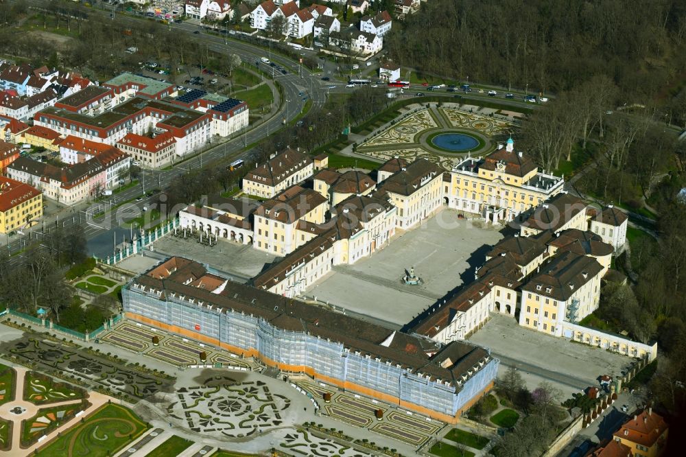 Ludwigsburg from above - Refurbishment work on the building complex in the park of the castle Residenzschloss Ludwigsburg and Gartenschau Bluehendes Barock in Ludwigsburg in the state Baden-Wurttemberg, Germany
