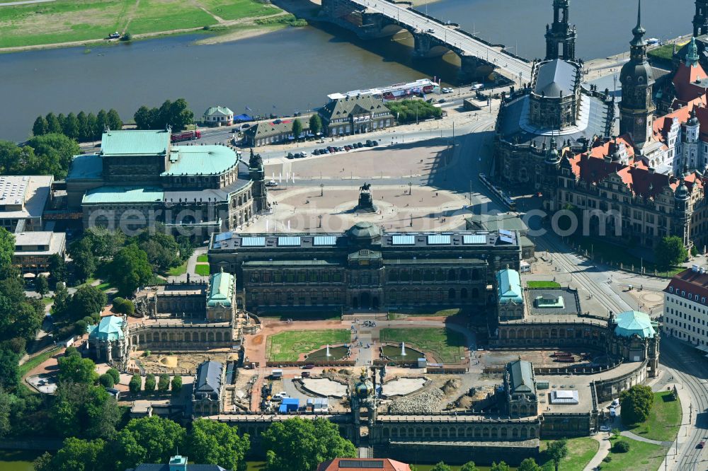 Dresden from above - Palace Zwinger with Gemaeldegalerie Alte Meister and the Kronentor in the district Altstadt in Dresden in the state Saxony, Germany. Above: the Semperoper and the Theaterplatz