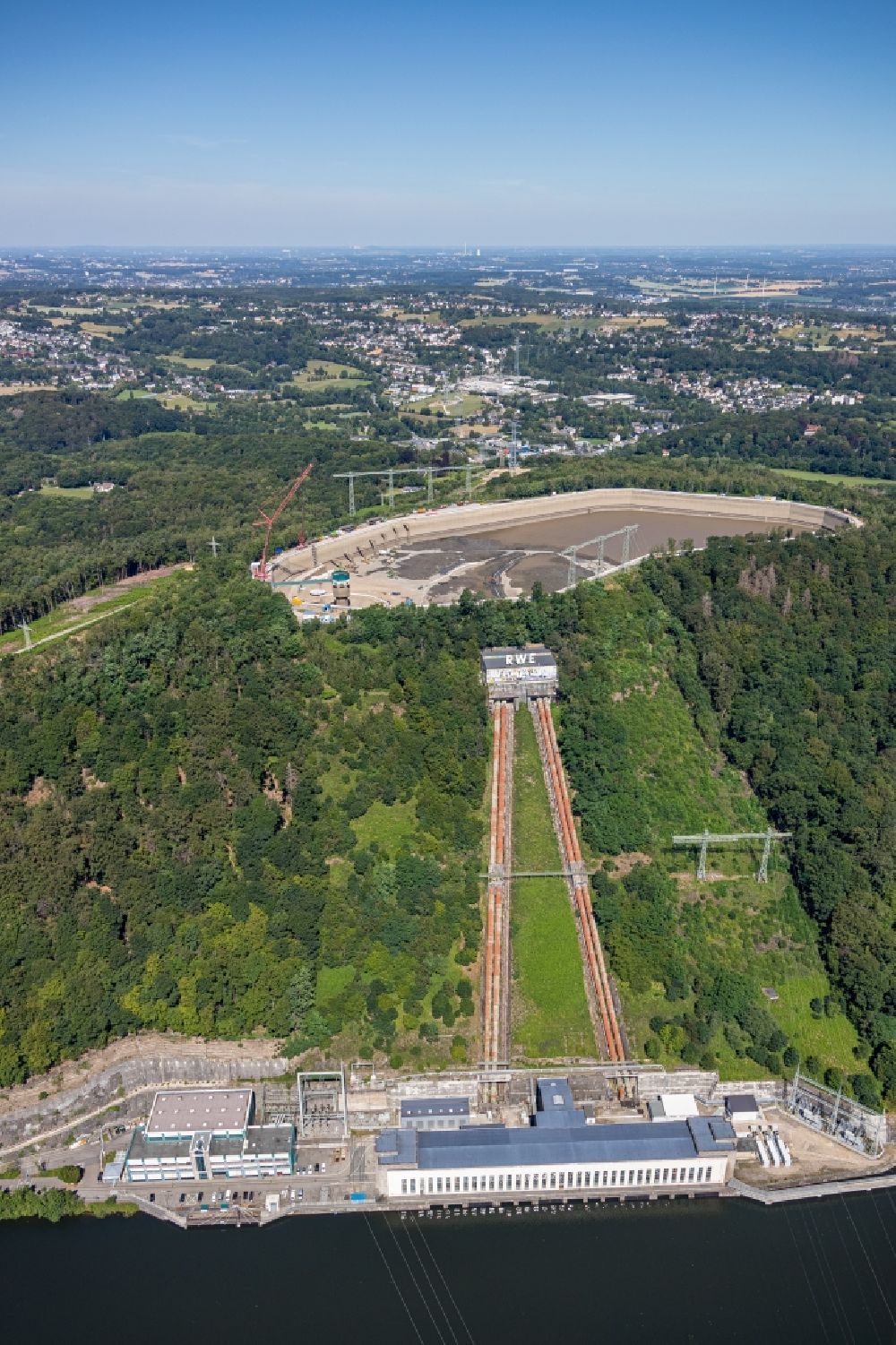 Herdecke from above - Construction site of Pumped storage power plant / hydro power plant with energy storage on Hengsteysee in Herdecke in North Rhine-Westphalia