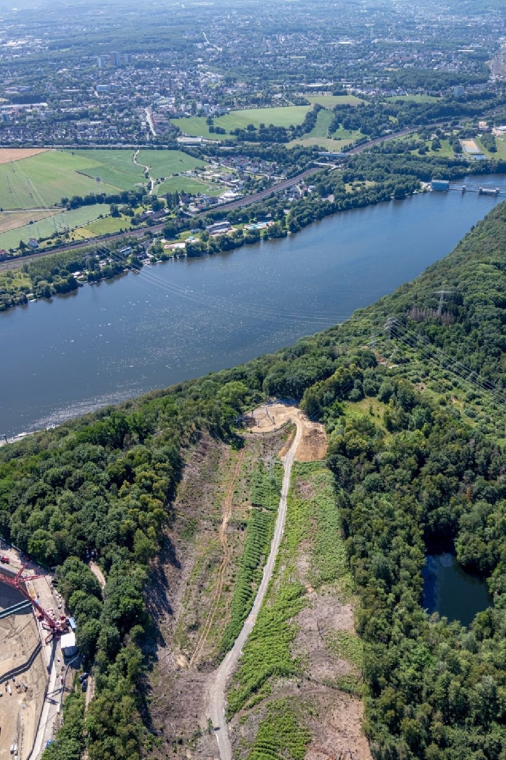 Aerial photograph Herdecke - Construction site of Pumped storage power plant / hydro power plant with energy storage on Hengsteysee in Herdecke in North Rhine-Westphalia