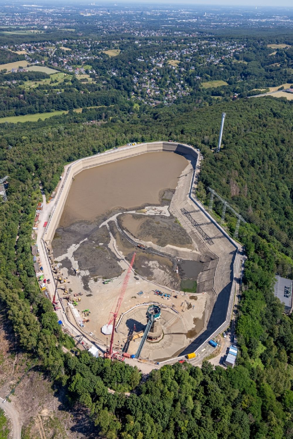 Herdecke from above - Construction site of Pumped storage power plant / hydro power plant with energy storage on Hengsteysee in Herdecke in North Rhine-Westphalia