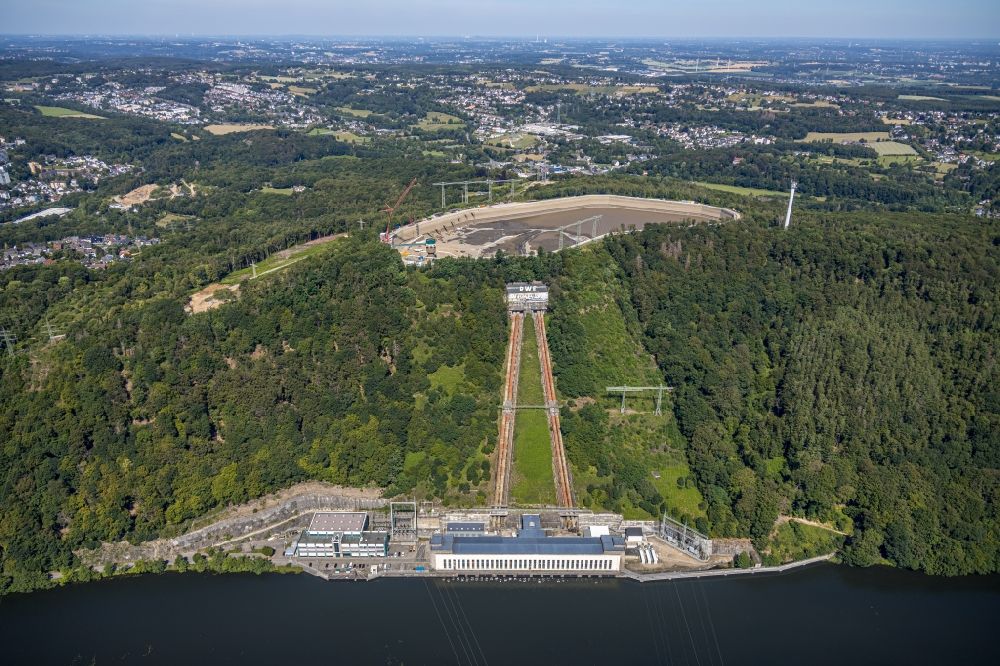 Aerial image Herdecke - Construction site of Pumped storage power plant / hydro power plant with energy storage on Hengsteysee in Herdecke in North Rhine-Westphalia