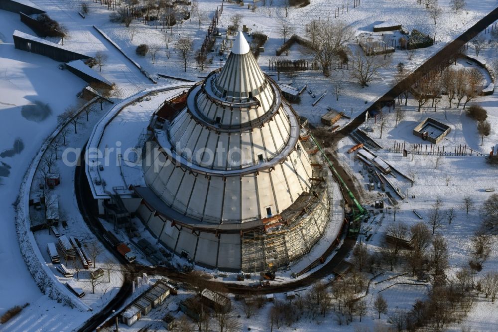 Magdeburg from above - Restoration work on the wintry snowy wood Millennium Tower in Elbauenpark in Magdeburg in Saxony-Anhalt