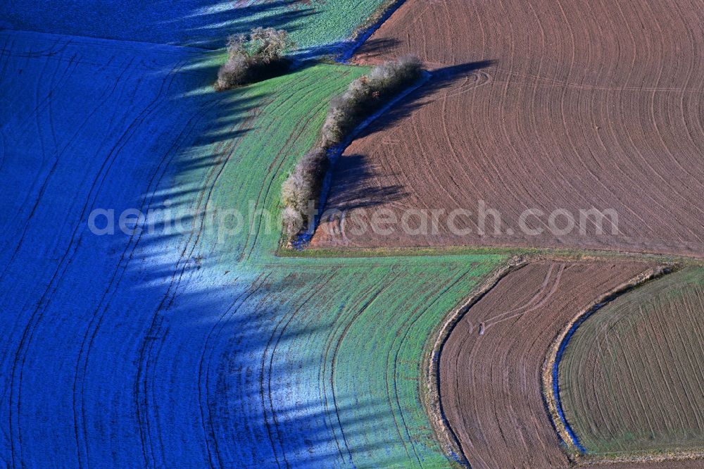 Aerial photograph Arzlohe - Remains of snow in the microclimate of shadow formation caused by light irradiation over the edge of a forest in a field in Arzlohe in the state Bavaria, Germany