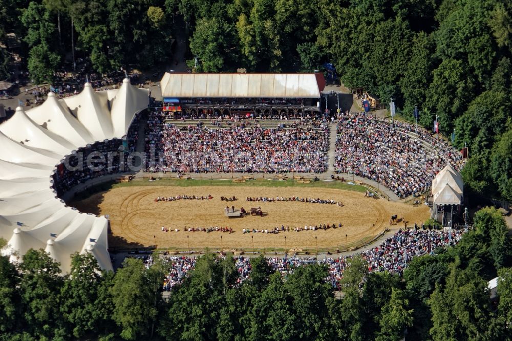Geltendorf from above - Mock battles in the arena of Kaltenberg Knights Tournament in Geltendorf in the state Bavaria