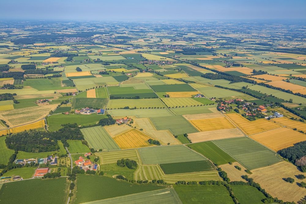 Aerial image Hamm - Barn building on the edge of agricultural fields and farmland along the Pentlinger Strasse in Hamm in the state North Rhine-Westphalia, Germany