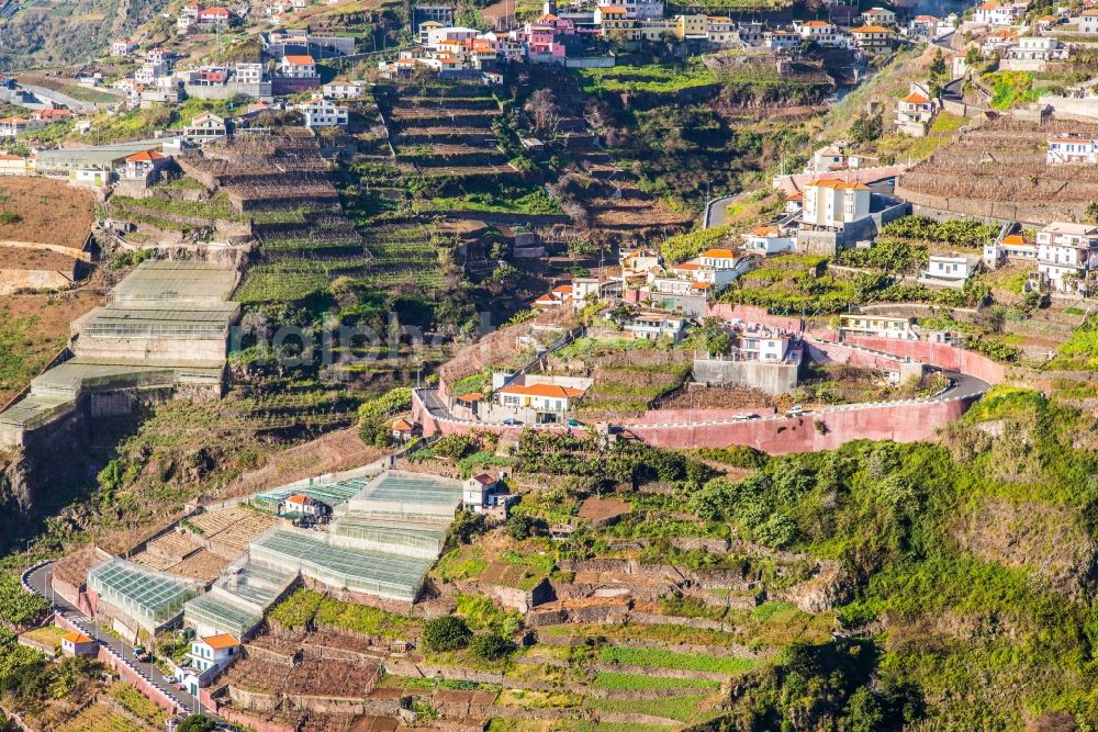 Funchal from the bird's eye view: Barn building on the edge of agricultural fields and farmland with vegetables in Funchal in Madeira, Portugal