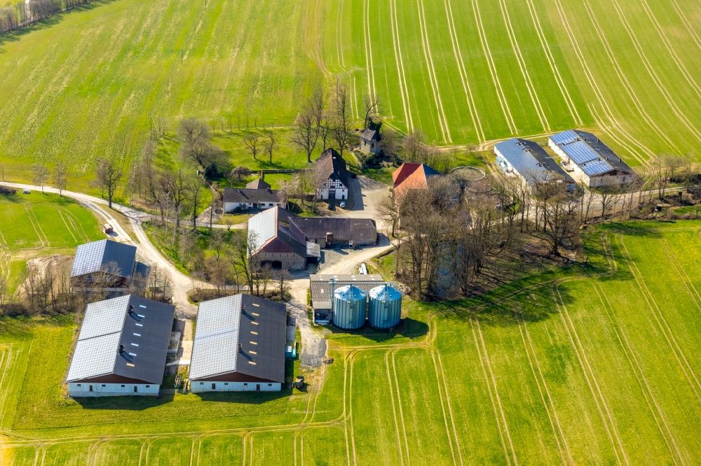 Sundern (Sauerland) from above - Barn building on the edge of agricultural fields and farmland with stables on Hof Zum Broich in the district Hellefeld in Sundern (Sauerland) in the state North Rhine-Westphalia, Germany