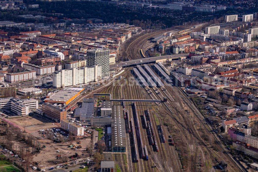 Aerial image Berlin - Railway track and overhead wiring harness in the route network of the Deutsche Bahn in the district Lichtenberg in Berlin, Germany