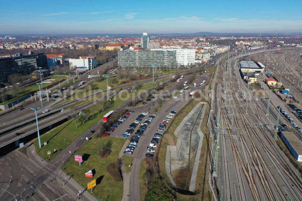 Halle (Saale) from above - Railway track and overhead wiring harness along the Delitzscher Strasse in the route network of the Deutsche Bahn in Halle (Saale) in the state Saxony-Anhalt, Germany