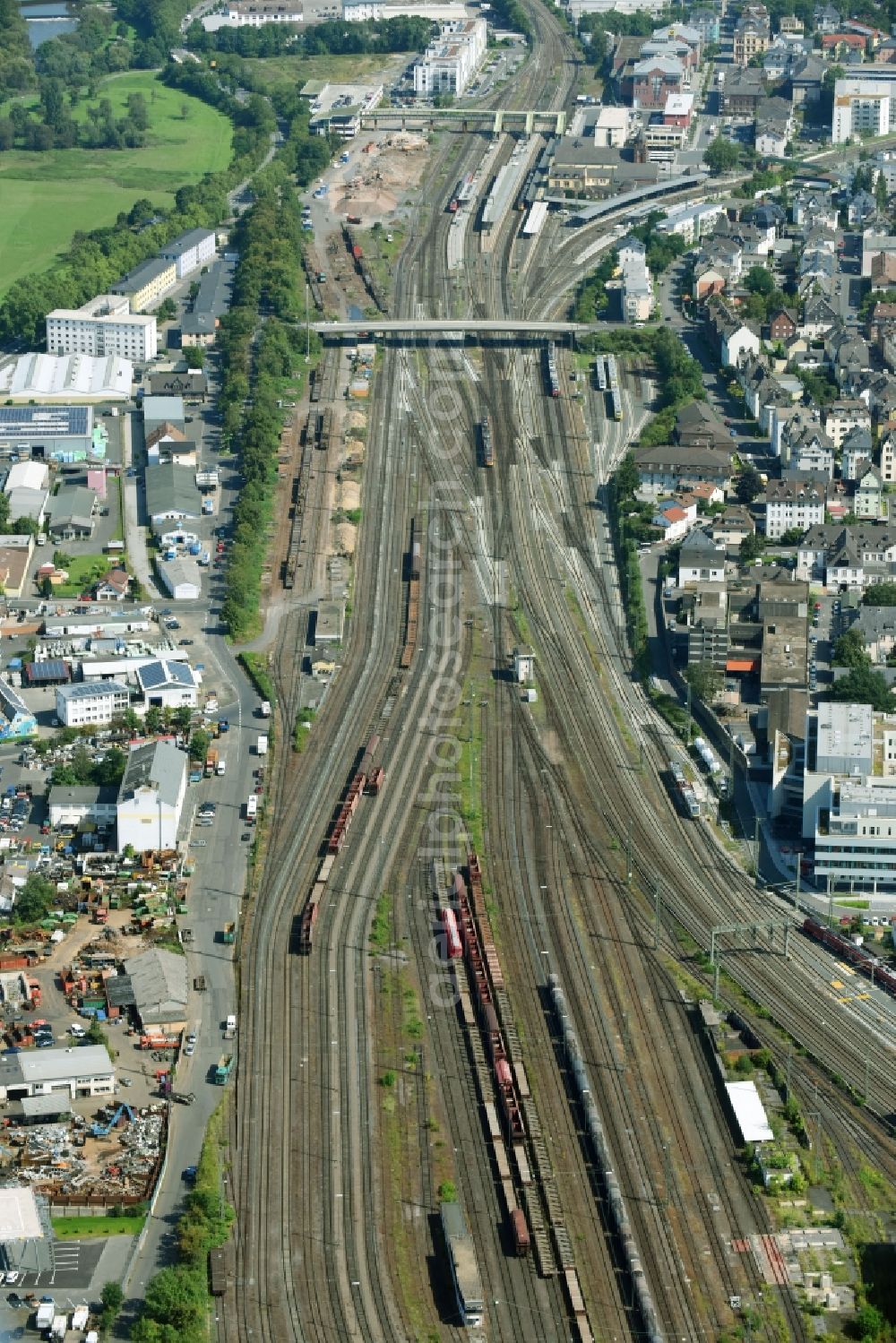 Gießen from above - Railway track and overhead wiring harness in the route network of the Deutsche Bahn in Giessen in the state Hesse, Germany