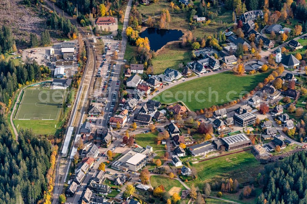 Hinterzarten from the bird's eye view: Railway track and overhead wiring harness in the route network of the Deutsche Bahn in Hinterzarten in the state Baden-Wuerttemberg, Germany
