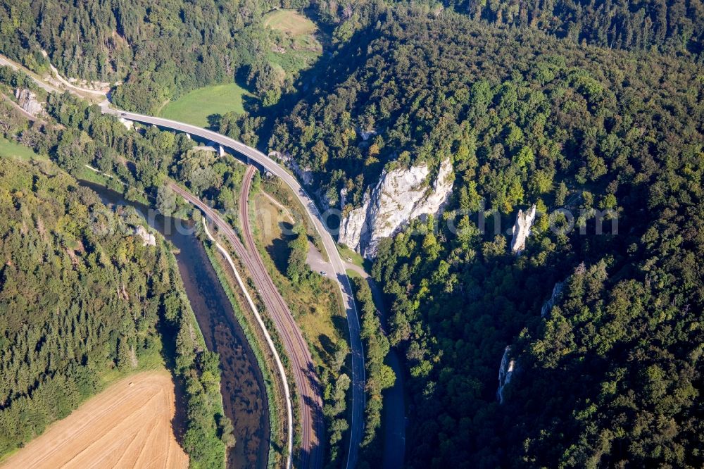 Aerial image Sigmaringen - Road and railway layout in bridge construction at the shore of the Danube in Sigmaringen in the state Baden-Wuerttemberg, Germany