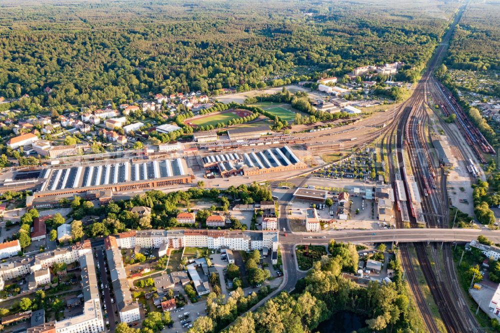 Aerial image Eberswalde - Railway depot and repair shop for maintenance and repair of trains in Eberswalde in the state Brandenburg, Germany