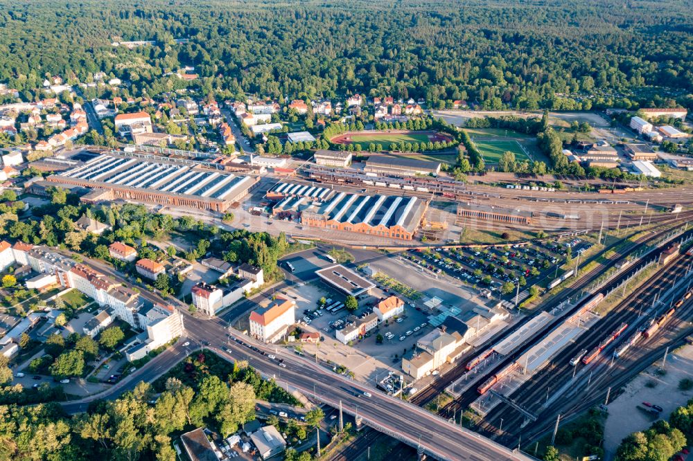 Eberswalde from the bird's eye view: Railway depot and repair shop for maintenance and repair of trains in Eberswalde in the state Brandenburg, Germany