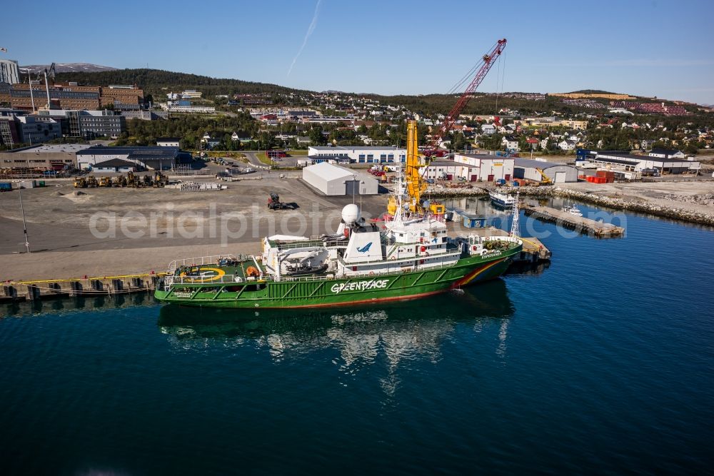 Aerial image Tromsö - Greenpeace Ship - specialized vessel Esperanza in the port in Tromsoe, Norway