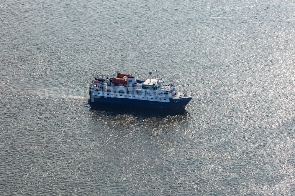 Langeneß from above - Ship - special ship underway in the North Frisian Wadden Sea in the state of Schleswig-Holstein, Germany